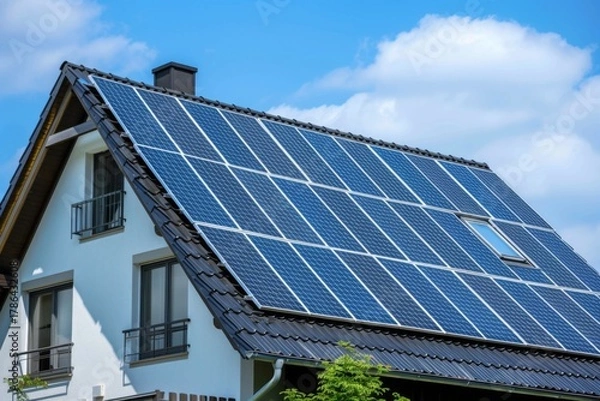 Obraz Solar panels installed on a modern house roof