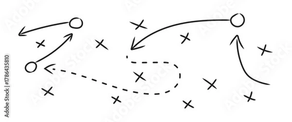 Fototapeta Arrows and dots display movement paths in a creative, abstract design.