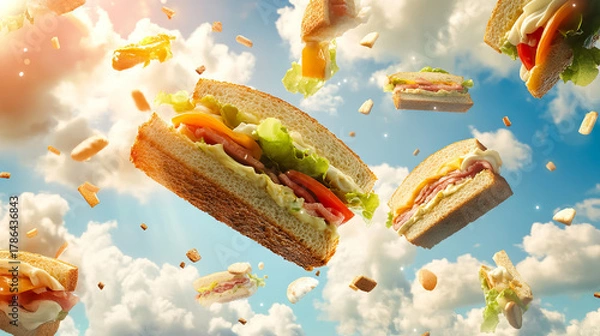 Fototapeta Surreal Culinary Sky: A Sandwich Dreamscape with Floating Deliciousness for National BLT Sandwich Month, National Sandwich Month, British Sandwich Week, National Sandwich Day