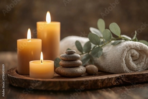 Obraz Spa candles with stones and towel