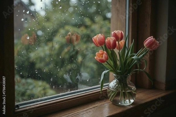 Obraz Tulips in vase by rainy window