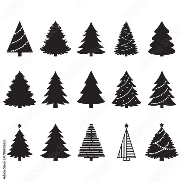 Fototapeta Black Silhouettes of Pine Trees with Lights and Textures for Holidays