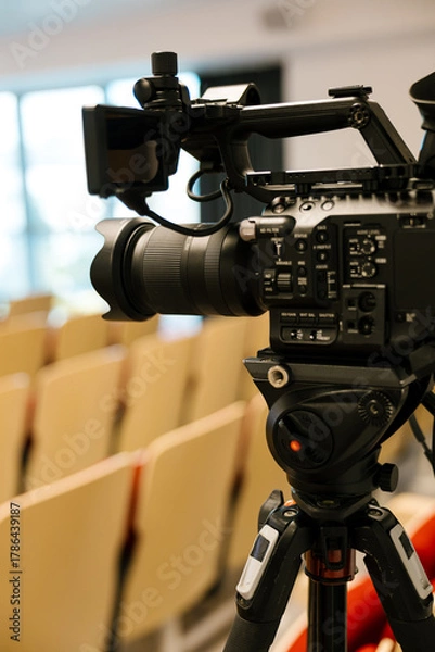 Fototapeta Professional video camera recording an empty conference room