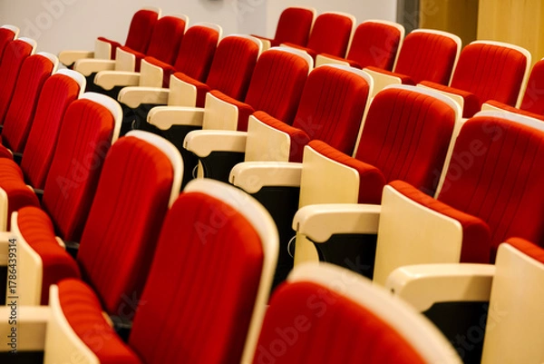 Fototapeta Empty red auditorium seats lining up in rows