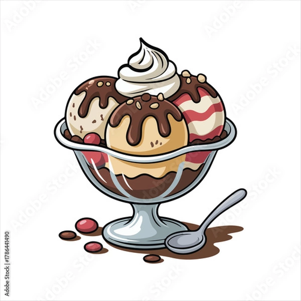 Obraz Ice cream cone with a strawberry. Cartoon vector illustration