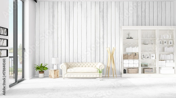 Fototapeta Modern loft interior in vogue with white couch and copyspace in horizontal arrangement. 3D rendering.