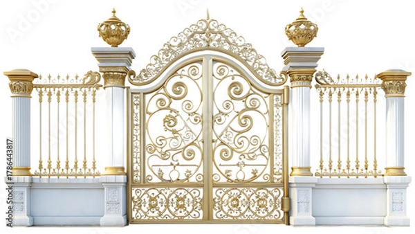 Fototapeta ornate gold and white metal gate with decorative isolated on white background, png, ai generated
