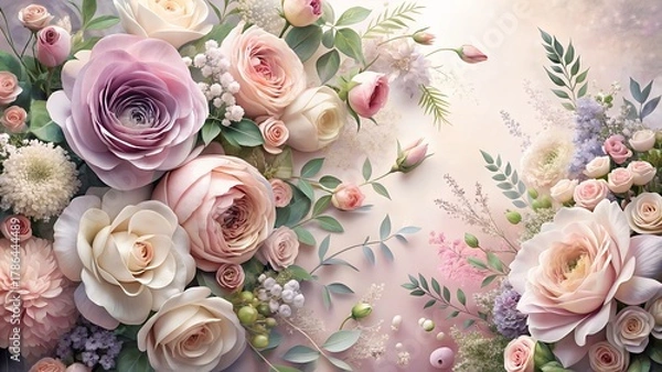 Obraz Photo of a beautiful arrangement of soft pastel roses and other flowers, creating a romantic and delicate floral background for celebrations or spring themes