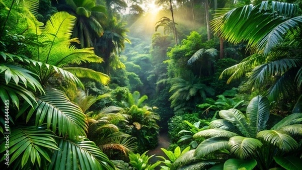 Obraz Photo of sunlight streams through a dense, lush rainforest canopy, illuminating vibrant green foliage and creating a mystical, natural atmosphere