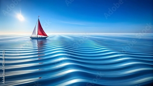 Obraz Photo of a lone sailboat with a red sail glides across a vast, calm ocean under a bright, sunny sky with gentle waves