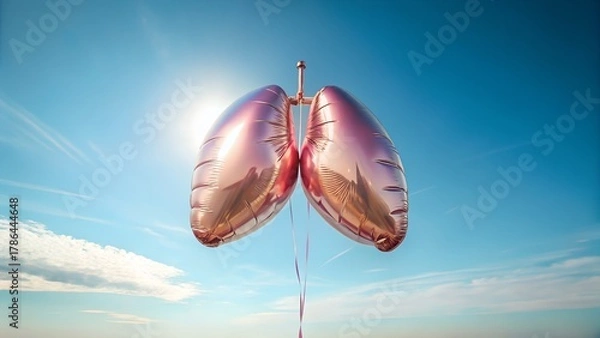 Obraz Photo of a pair of metallic pink lungshaped balloons float against a bright blue sky with the sun shining, symbolizing breath and life