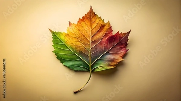 Obraz Photo of a single maple leaf displaying a gradient of colors from green to red, symbolizing the transition of seasons and the beauty of autumn