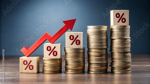 Obraz Photo of rising graph with coins and percentage blocks symbolizing financial growth and increasing interest rates in a conceptual representation of economic progress