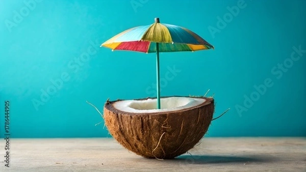 Obraz Photo of a halved coconut with its white flesh exposed, topped with a colorful cocktail umbrella, set against a vibrant teal background