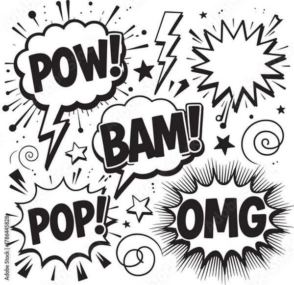 Fototapeta Comic speech bubbles with action words like Pow Bam Pop and Omg vector illustration for comics and graphic novels isolated on white background