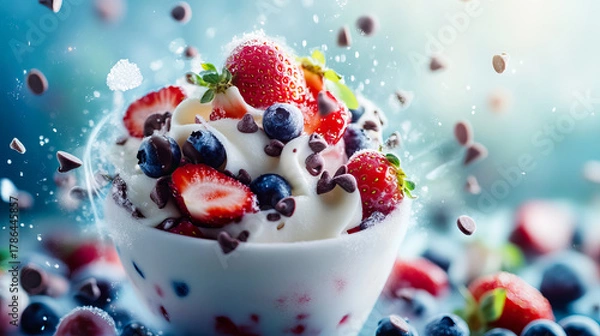 Fototapeta Delectable Dessert Sensation: A Symphony of Berries, Cream, and Chocolate Bliss with copy space for National Sundae Day, National Dessert Day, National Ice Cream Day