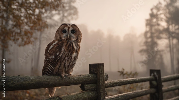 Fototapeta Tawny owl sitting on wooden fence in foggy autumn forest