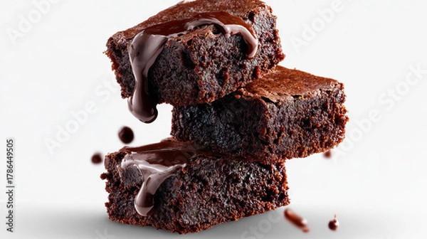 Fototapeta Delicious Tower of Dark Chocolate Brownies with Smooth Glaze Drizzled on Top for National Brownie Day, National Brownies at Brunch Month