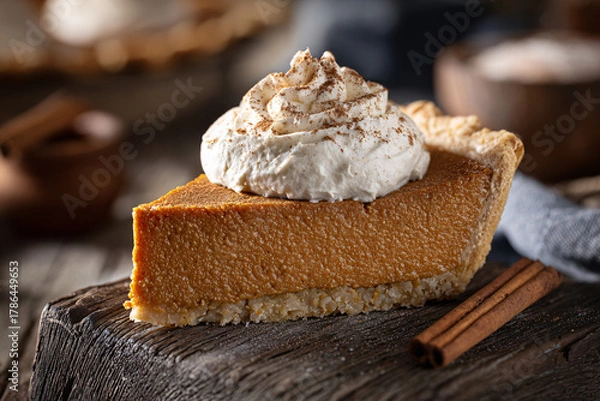 Obraz Slice of pumpkin pie with whipped cream and cinnamon.