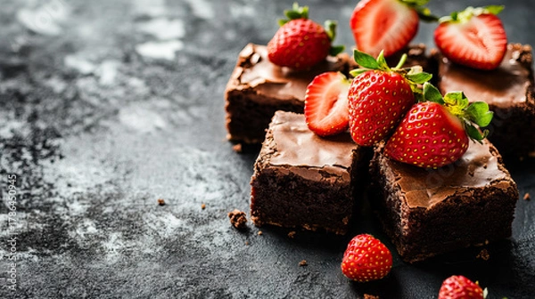 Fototapeta Delicate chocolate brownies adorned with vibrant ripe strawberries on dark surface  with copy space for National Brownie Day, National Brownies at Brunch Month
