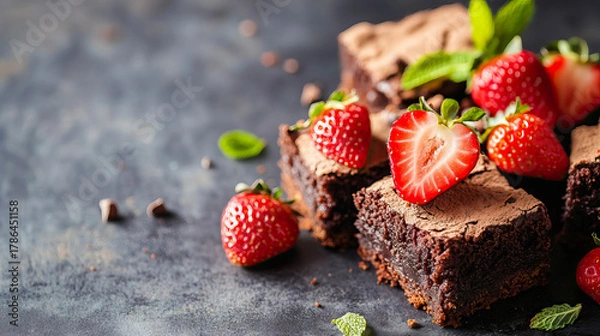 Obraz Delectable Brownie Slices with Fresh Strawberries: A Sweet Indulgence Still Life with copy space  for National Brownie Day, National Brownies at Brunch Month