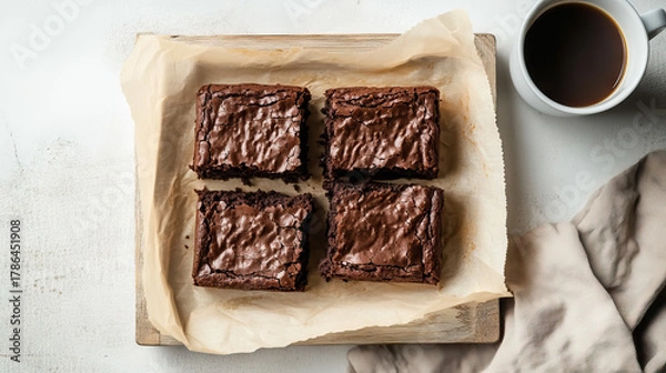 Fototapeta Delicious homemade brownies on parchment paper with a cup of coffee for National Brownie Day, National Brownies at Brunch Month