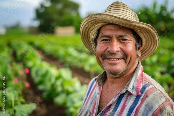 Obraz Smiling man working in a vegetable field
