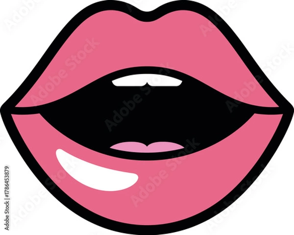 Fototapeta A graphic illustration of a woman's open mouth with pink lips and white teeth.