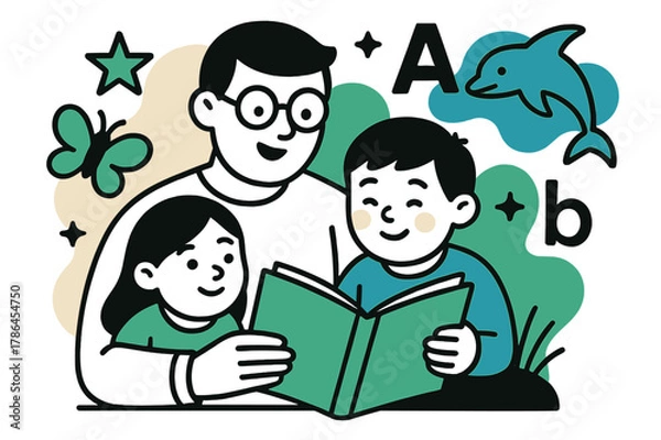 Fototapeta Imaginative Storytime Scene. Storytime fun. Parent reading a book to children with floating abstract shapes of