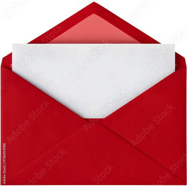 Fototapeta Red open envelope isolated on transparent background, representing love letter, message, or festive communication.