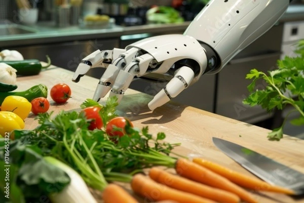Obraz Robotic hand preparing fresh vegetables in kitchen