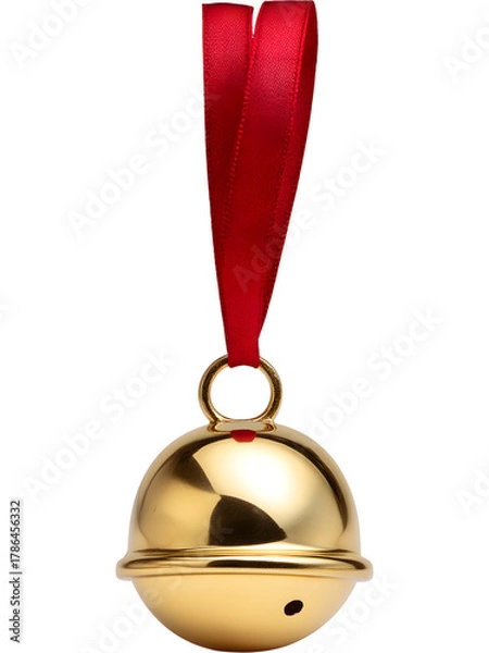 Fototapeta Hanging gold sleigh bell ornament with red ribbon isolated on transparent background, ideal for festive and winter decoration themes.