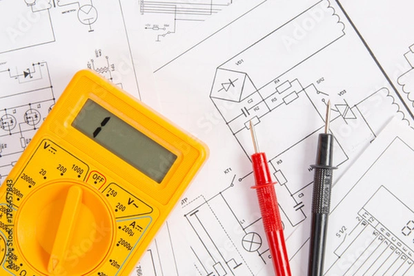 Obraz digital multimeter	 and paper electrical engineering drawings 
