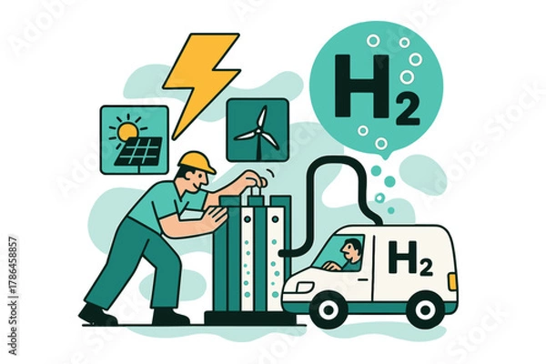 Fototapeta Green Hydrogen Illustration. Green Hydrogen Production. Electrolyzer stacks hum; bubbles lift into an ?H?? badge while a lightning icon feeds from solar and