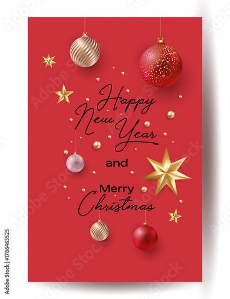 Obraz Merry Christmas and Happy New Year background for Greeting cards with tree Branches christmas tree gold paper and gold stars. Merry Christmas vector text Calligraphic Lettering Vector illustration
