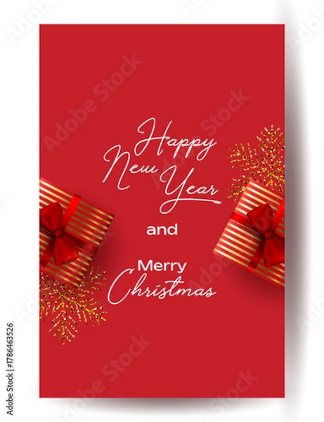 Obraz Merry Christmas and Happy New Year background for Greeting cards with tree Branches christmas tree gold paper and gold stars. Merry Christmas vector text Calligraphic Lettering Vector illustration