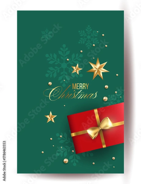 Obraz Merry Christmas and Happy New Year background for Greeting cards with tree Branches christmas tree gold paper and gold stars. Merry Christmas vector text Calligraphic Lettering Vector illustration