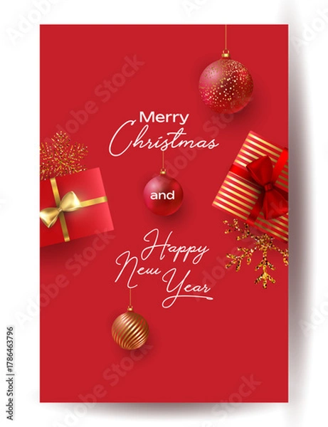 Obraz Merry Christmas and Happy New Year background for Greeting cards with tree Branches christmas tree gold paper and gold stars. Merry Christmas vector text Calligraphic Lettering Vector illustration
