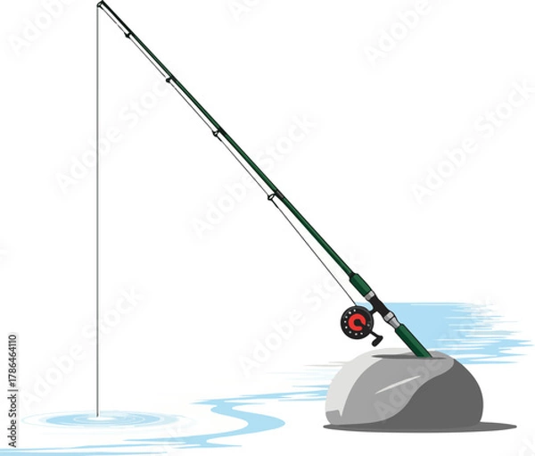 Fototapeta Vector Illustration of Fishing Rod Resting on Rock by Water Isolated Object Graphic
