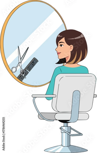 Fototapeta Woman Looking at Haircut Reflection with Scissors and Comb in Salon Mirror