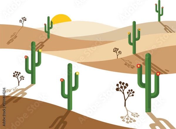 Fototapeta Vibrant Flat Illustration of a Desert Landscape with Saguaro Cacti at Sunrise