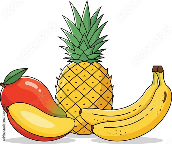 Fototapeta Tropical Fruit Trio Fresh Mango Pineapple and Bananas Illustration for Healthy Eating Concepts