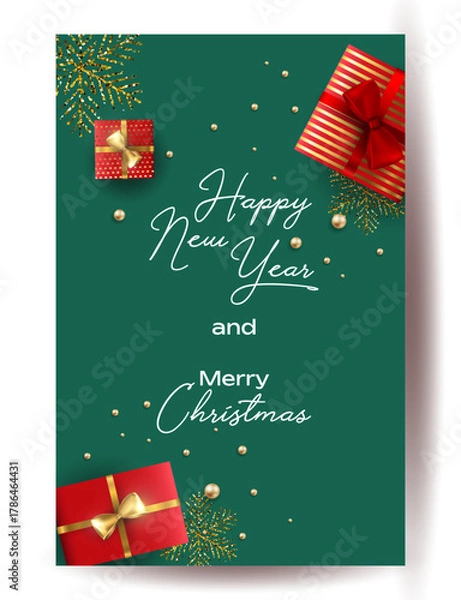 Obraz Merry Christmas and Happy New Year background for Greeting cards with tree Branches christmas tree gold paper and gold stars. Merry Christmas vector text Calligraphic Lettering Vector illustration