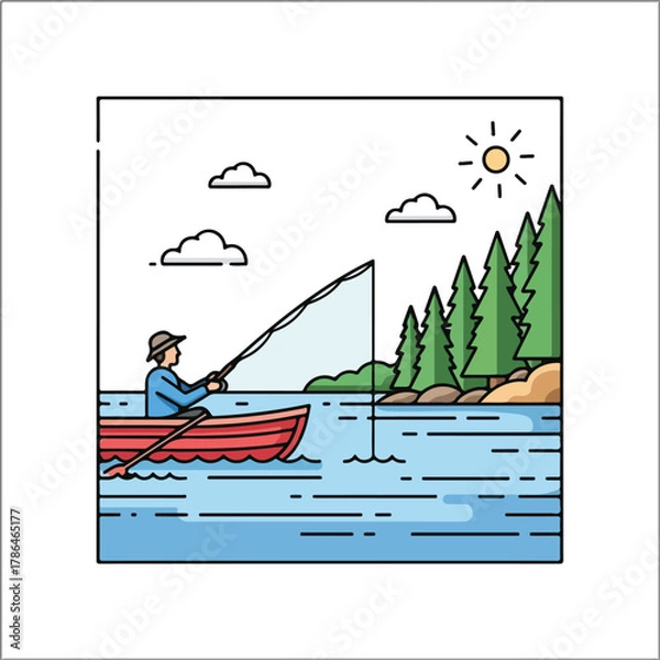 Fototapeta Line Art Fisherman in Rowboat Fishing on Sunny Lake by Pine Forest Vacation Concept
