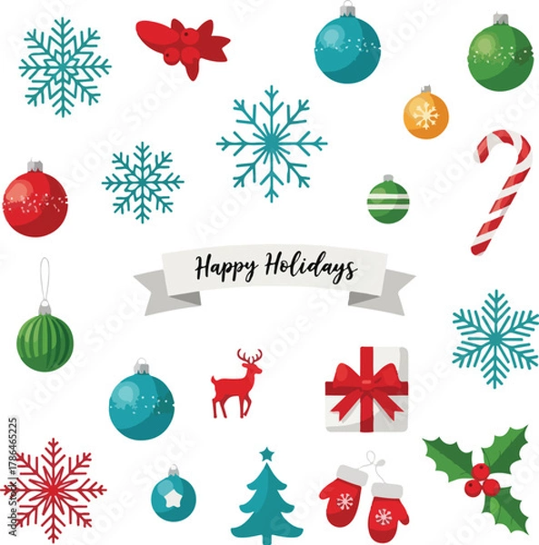 Fototapeta Assorted Colorful Christmas and Holiday Icons Collection on White Background