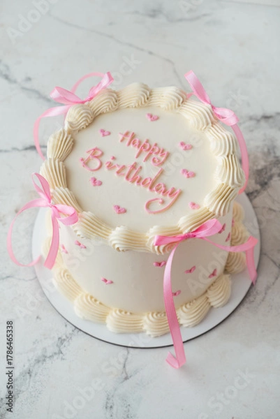 Fototapeta Delicate lambeth style birthday cake with white cream cheese frosting decorated with cream tracery, pink ribbon and happy birthday text on top. White background