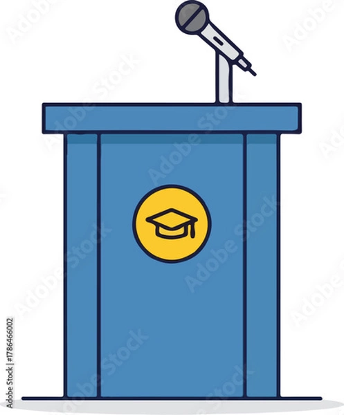 Fototapeta Blue Graduation Podium with Microphone and Mortarboard Icon for Academic Speeches