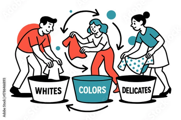 Fototapeta Laundry Sorting Flowchart. Organizing Laundry Baskets. Three geometric bins labeled ?Whites,? ?Colors,? and ?Delicates? form a tidy triangle. Floating arrows