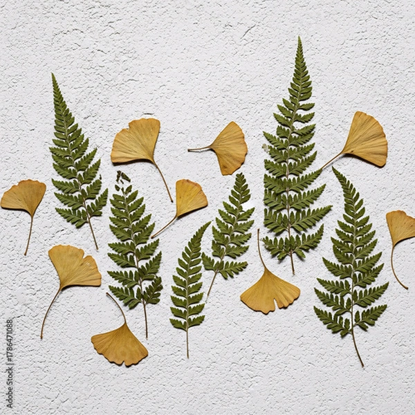 Fototapeta Creative flat lay composition with dried green fern and golden ginkgo biloba leaves on a white textured concrete background. Natural autumn botanical still life perfect for wellness and organic