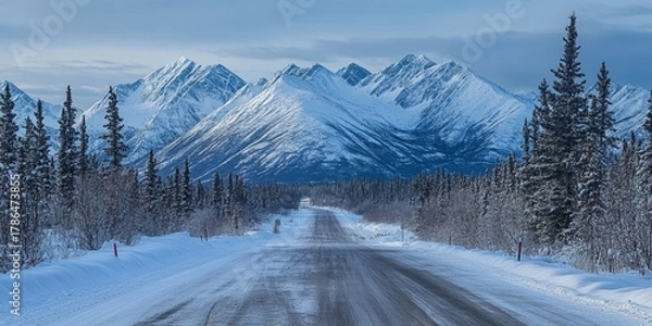 Obraz Scenic winter landscape with a road leading through snow-covered trees towards majestic mountains in the distance under a cloudy sky.